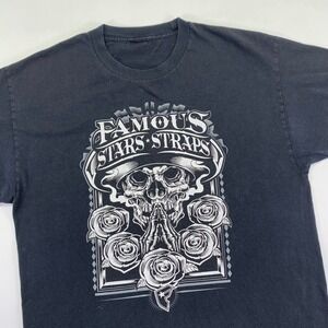 Famous Stars Straps T Shirt Large Mens Graphic Skull Roses Black Tee Skater Y2k